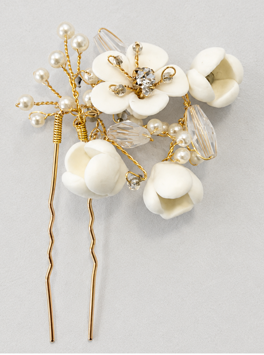 Ivory Floral Crystal Hairpin Cluster