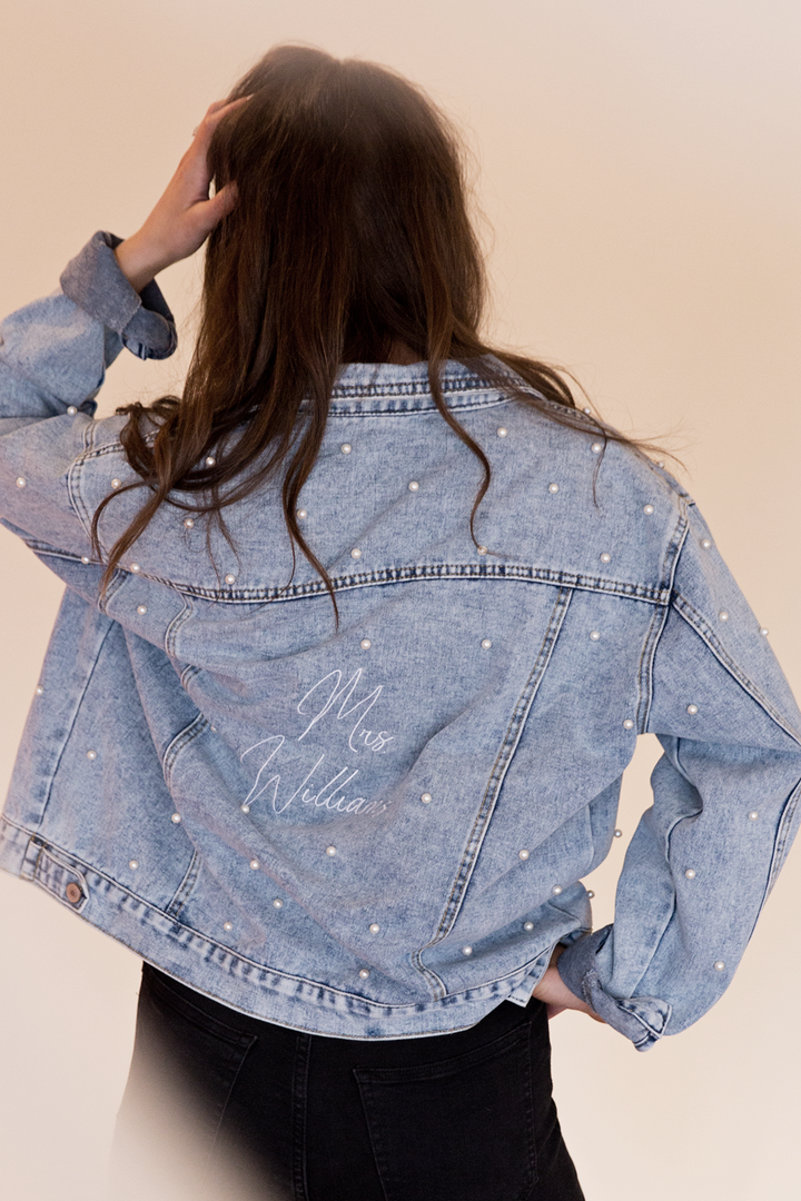 Aria Romance Women's Pearl Embellished Washed Denim Jacket - Long Sleeve Button-Down Trucker Coat