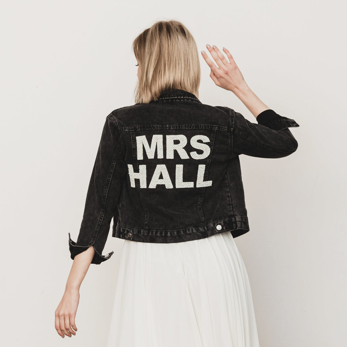 Varsity Pearl Lettered Denim Jacket for Bride