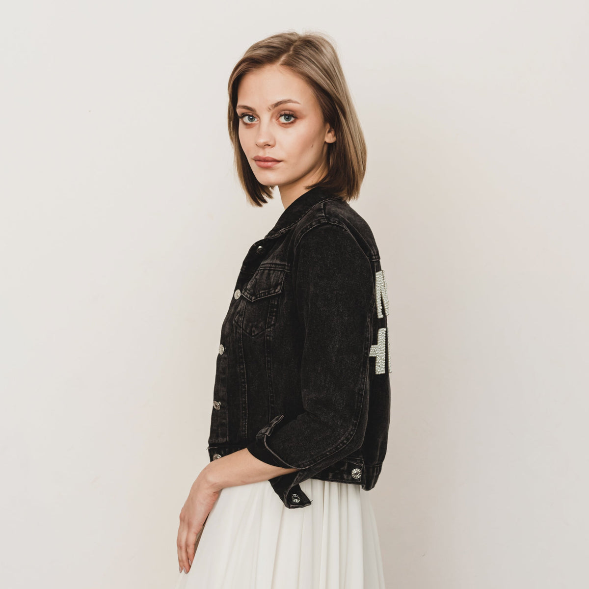 Varsity Pearl Lettered Denim Jacket for Bride