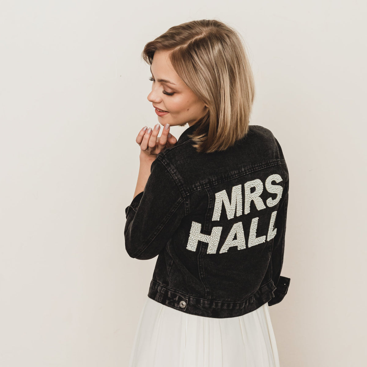 Varsity Pearl Lettered Denim Jacket for Bride